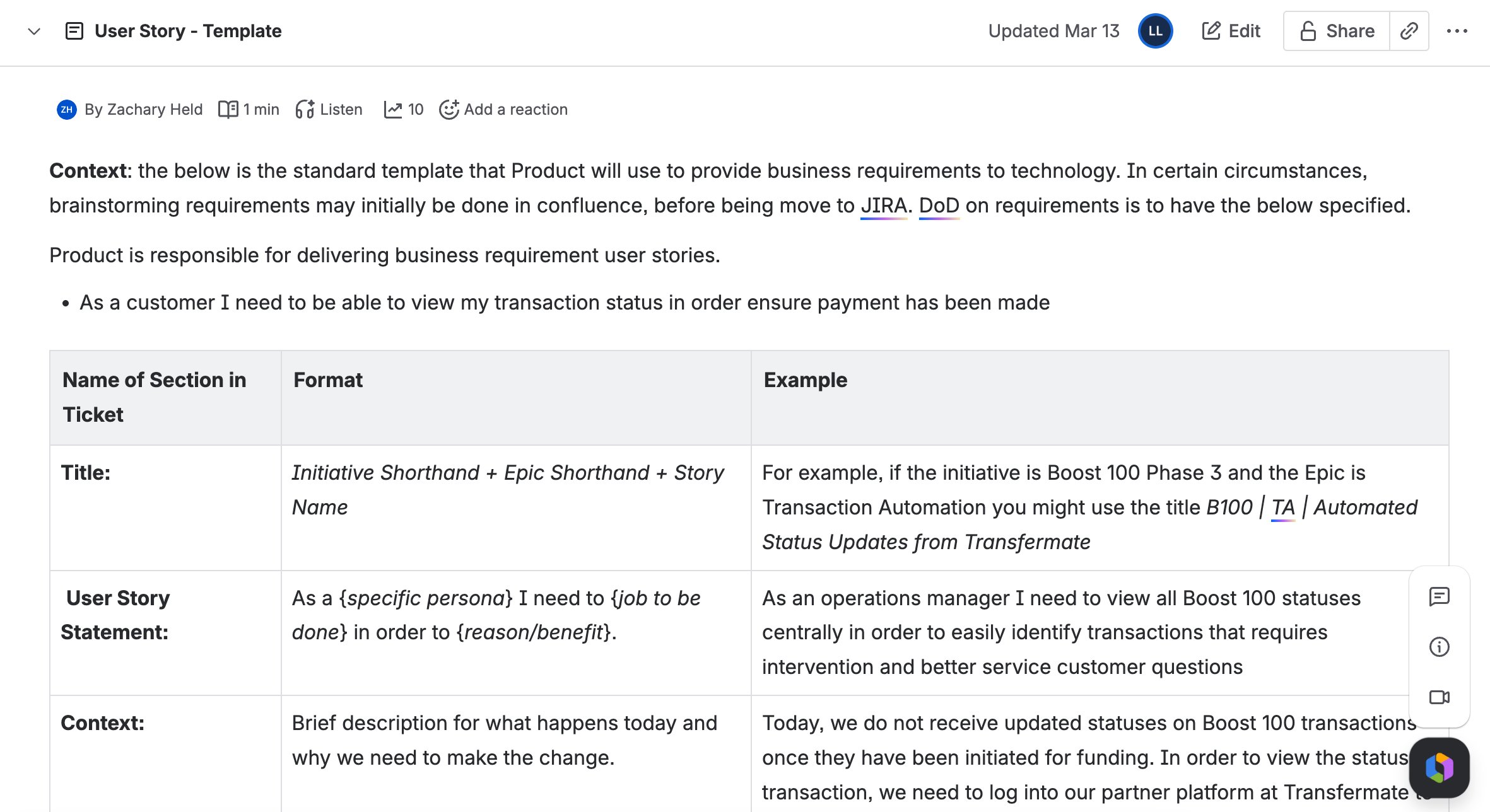 User Story Template